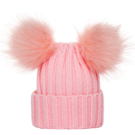 TRUBKH Women Winter Pompom Beanie Hat Cute Fuzzy Bear Ears Beanie Hat Stretch Warm Skull Cap Riding Hat Knit Chunky Cap Warm Fleece Lined Caps for Women Christmas Gifts for Women Pink One Size