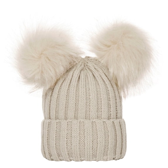 TRUBKH Women Winter Pompom Beanie Hat Cute Fuzzy Bear Ears Beanie Hat Warm Fleece Lined Knit Chunky Cap Double-layer Knit Hat Stretch Warm Skull Cap Christmas Gifts for Women Beige One Size