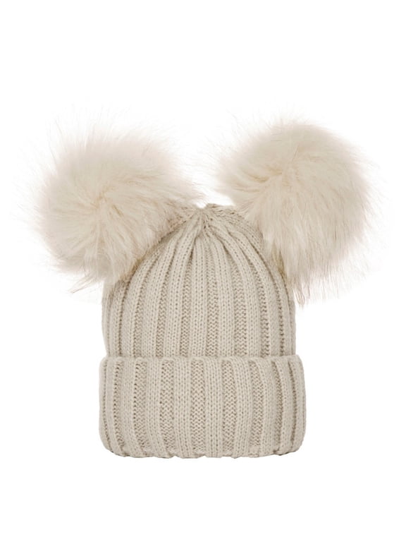 Women Winter Pompom Beanie Hat Cute Fuzzy Bear Ears Beanie Hat Warm Fleece Lined Knit Chunky Cap Double-layer Knit Hat Stretch Warm Skull Cap Christmas Gifts for Women Beige One Size