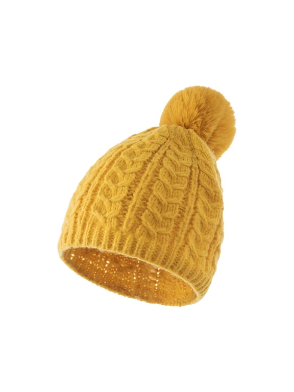 Women Winter Pompom Beanie Hat Stretch Warm Skull Cap Warm Fleece Lined Knit Chunky Cap Cute Hats Soft Knit Beanie Women's Cable Knit Pompom Beanie Christmas Gifts for Women Yellow One Size