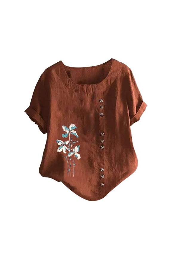 Women's Cotton Tops Loose Fit Cotton Blouses V Neck Button Tunic Tshirt Boho Ethnic Style Peasant Tee Crewneck Button Blouse Loose Fit Tunic Brown 2XL