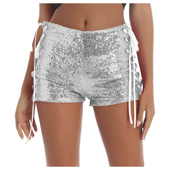 TRUBKH Women's Sequin High Waist Strappy Shorts Hollow Shorts Thigh Control Shorts with Lace Up Denim Shorts Trendy Lounge Shorts Dance Shorts Flowy Shorts Women's Summer Shorts Silver M