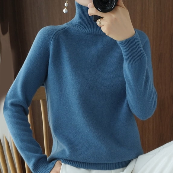 TRUBKH Women's Sweaters Mock Neck Top Long Sleeve Lightweight Sweaters for Women Pullover Top Drop Shoulder Sweaters Slim Fit Womens Thermal Tops Cotton Blend Women's Clothing Blue XL