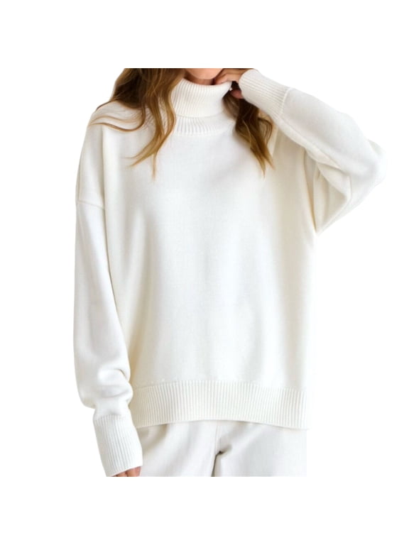 Women's Sweaters Mock Neck Top Long Sleeve Tunic Tops Blouse Layered Sweaters Relaxed Fit Solid Tops Blouses for Women Dressy Casual Breathable Tops Oversized Sweater White M
