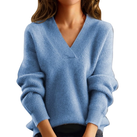 TRUBKH Women's Sweaters V Neck Tops Long Sleeve Shirts Flowy Top Cotton Blend Business Casual Sweater Drop Shoulder Sweaters Pullover Top Lounge Sweater Breathable Tops Fashion Clothing Blue M