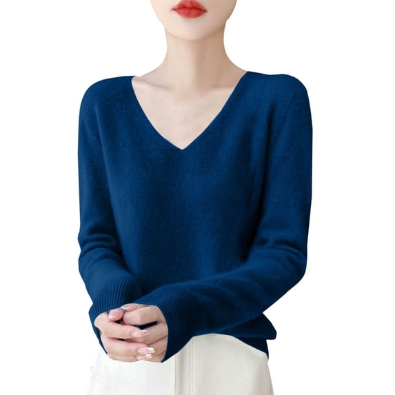 TRUBKH Women's Sweaters V Neck Tops Long Sleeve Shirts Knit Tops for Women Fall Casual Sweater Drop Shoulder Sweaters Business Casual Outfits for Women Flowy Top Fall Tops for Women Blue L