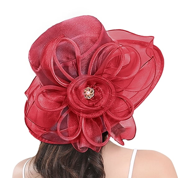 TRUBKH Women's organza hat Packable Wide Brim Hats Dressy Hats Summer Sunhat Hat for Women Tea Party Wedding Hat church hats Bowler Hat fancy hats for women kentucky derby hats for women Red One Size