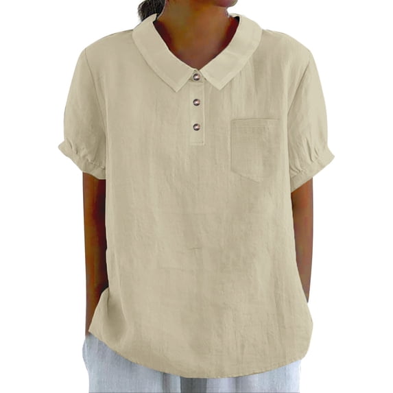 TRUBKH Womens Button Up Shirts Cotton Button Down Graphic Shirt Loose Gauze Tunics Cotton Linen Short Sleeve Summer Floral Short Sleeve Tee Beige 1 L