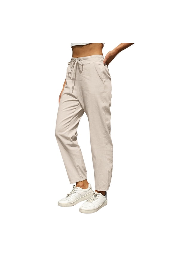 Womens Linen Pants Floral Belt Pants Fashion Drawstring Lightweight Summer Trousers with Pockets Palazzo Pants Plain Drawstring Trousers Long Trousers Pull On Pants Flowy Gauze Beige L