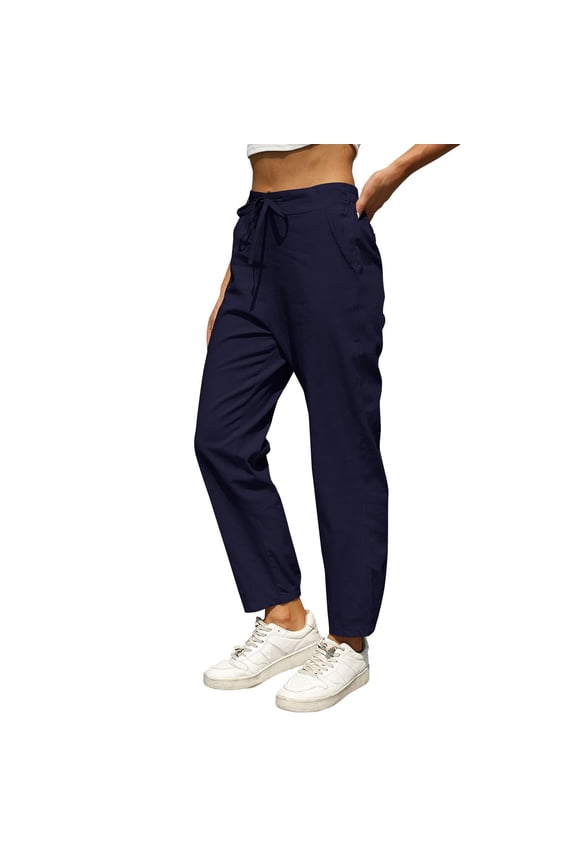 Womens Linen Pants High Waisted Beach Pants for Women Straight Leg Lounge Trouser Fashion Drawstring Lightweight Tapered Pants Summer Trousers with Pockets Baggy Linen Pants Navy L