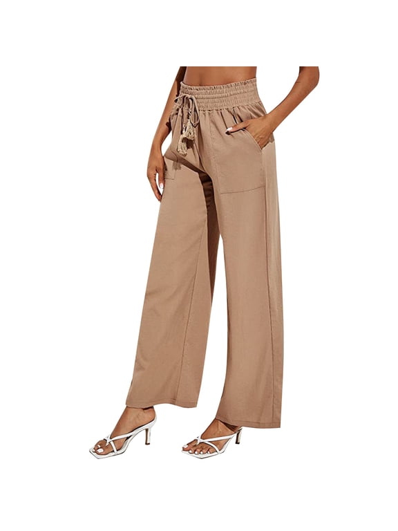 Womens Linen Pants High Waisted Linen Pants Women' S Culottes Palazzo Drawstring Elastic Waist High Waisted Flowy Lounge Drawstring High Waist Balloon Pants Women Brown S-2XL