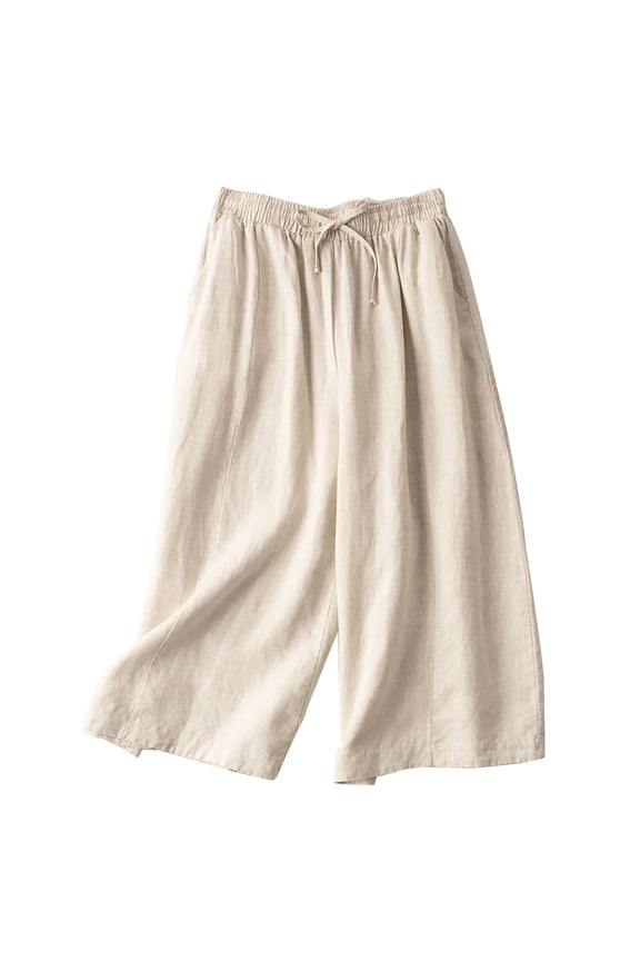 Womens Linen Pants Ladies Summer Pants Breezy Pants Women Floral Belt Pants Pull On Pants Ruffle High Waist Vacation Beach Pants Vacation Beach Trousers Baggy Tapered Pants Women Beige L