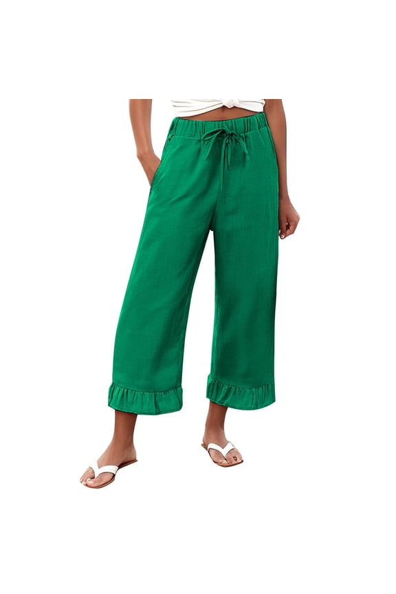 Womens Linen Pants Pull On Pants Wide Leg Linen Pants Cruise Pants Ruffle Pants Women Pull On Bottoms Breezy Pants Women Paperbag Pant Baggy Elastic Waist Palazzo Pants Green XL