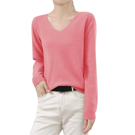 TRUBKH Womens Sweaters Long Sleeve Shirts V Neck Tops Going Out Tops Tunic Tops Blouse Relaxed Fit Business Casual Outfits for Women Knit Tops for Women Layered Sweaters Fashion Clothing Pink XL