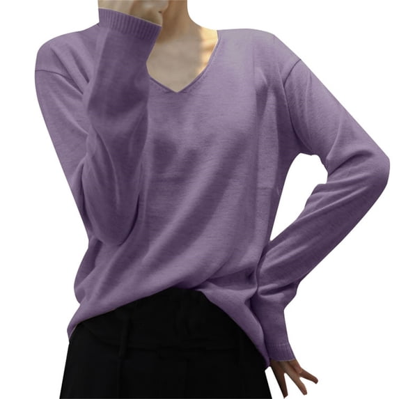 TRUBKH Womens Sweaters V Neck Tops Long Sleeve Shirts Relaxed Fit Pullover Top Drop Shoulder Sweaters Oversized Sweaters for Women Fall Casual Sweater Fall Tops for Women Purple L
