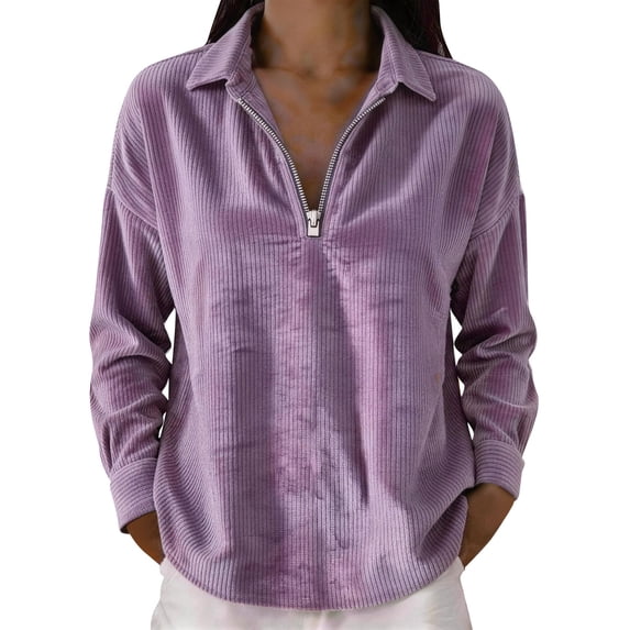TRUBKH Zip Front Tops for Women V Neck Long Sleeve Women's Relaxed Fit Polo Shirts Cotton Zip-up T-shirt Casual Shirt Business Casual Half Zip Pullover Dressy Tops Purple L
