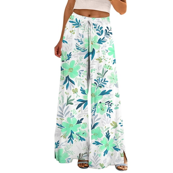 TRUBKH boho pants for women High Waist Wide Leg Pants Floral Solid Long Palazzo Pants Casual High Waist Pant 2025 Beach Vacation Outfits linen pants women wide leg womens work pants Mint Green 2XL