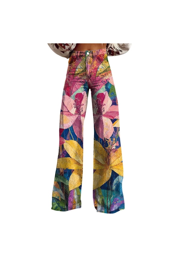 boho pants for women High Waist Wide Leg Pants Floral Solid Long Palazzo Pants High Waist Floral Patterned Pants Fit Colorful Trouser Imitation Jeans womens cargo pants summer clothes Green L