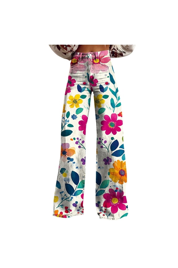 boho pants for women High Waist Wide Leg Pants Floral Solid Long Palazzo Pants High Waist Floral Patterned Pants Fit Colorful Trouser Imitation Jeans summer pants barrel pants women Yellow M