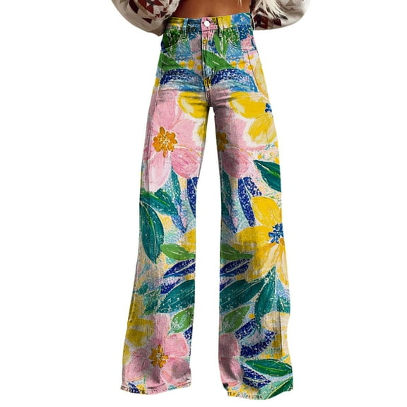 TRUBKH boho pants for women High Waist Wide Leg Pants Floral Solid Long Palazzo Pants High Waist Floral Patterned Pants Fit Colorful Trouser Jeans track pants women flare leggings for women Pink M