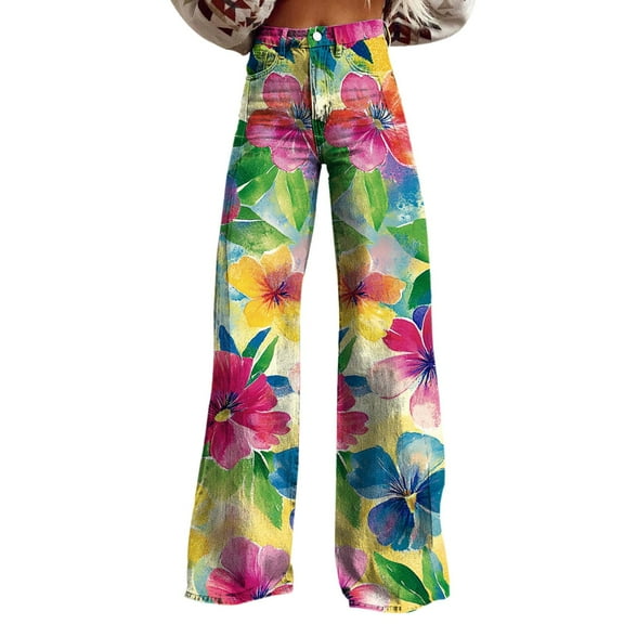 TRUBKH boho pants for women High Waist Wide Leg Pants Floral Solid Long Palazzo Pants High Waist Floral Patterned Pants Fit Colorful Trouser Jeans womens clothing work pants women Watermelon Red M