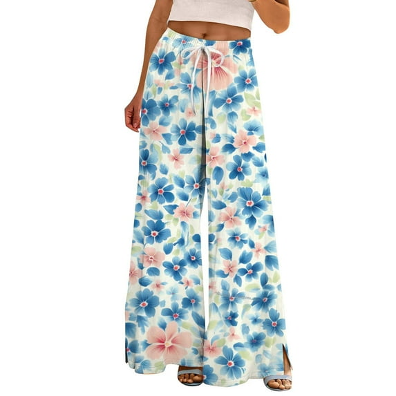 TRUBKH boho pants for women High Waist Wide Leg Pants Floral Solid Long Palazzo Pants Print Boho Palazzo Pants High Waist Trousers With Pockets flare leggings for women clothes for women Light Blue S