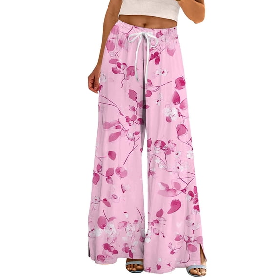 TRUBKH boho pants for women High Waist Wide Leg Pants Floral Solid Long Palazzo Pants Women Summer Print Boho Palazzo Pants High Waist Trousers With Pockets lounge pants womens Hot Pink 2XL