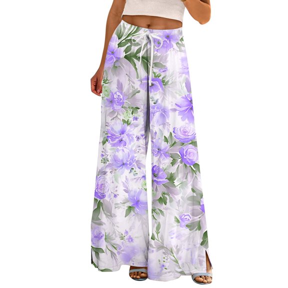 TRUBKH boho pants for women High Waist Wide Leg Pants Floral Solid Long Palazzo Pants Womens Casual High Waist Pant 2025 Beach Vacation Outfits trousers pants for women linen pants for women Purple L