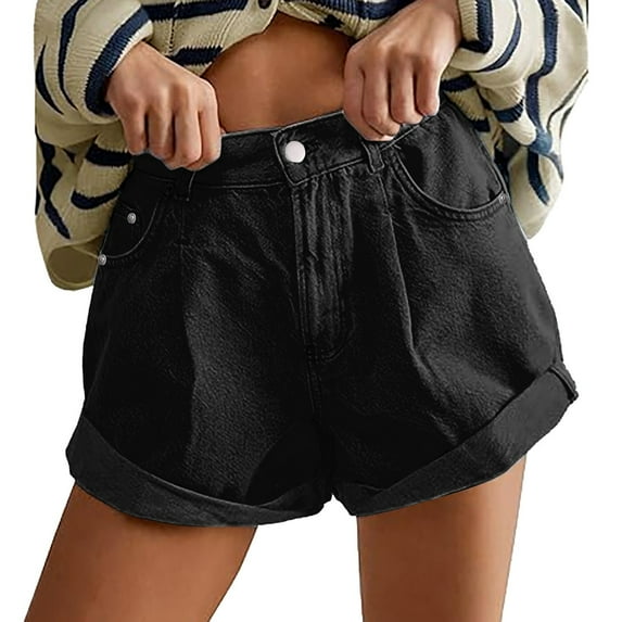 TRUBKH denim shorts jean shorts womens high waisted shorts women jorts women shorts for women High Waisted Jean Shorts Casual Summer Wide Leg Rolled Denim Shorts With Pockets Black L