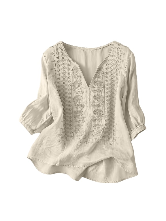 embroidered shirts Boho Tops Gauze Blouse Peasant Blouses for Women Floral Embroidered Gauze Peasant Tunic Blouse Breathable Embroidered Short Sleeve V Ncek Boho Tops for Women Beige L