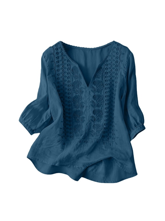 embroidered shirts Loose Fit Tunic Short Sleeve V Ncek Boho Peasant Shirts Loose Dressy Casual Blouses Peasant Blouses for Women Gauze Peasant Tunic Blouse 3/4 Sleeve Gauze Blouse Navy 2XL