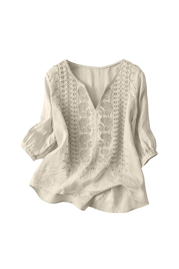 embroidered shirts Summer Blouses for Women Short Sleeve T Shirt V Neck Shirts Beach Vacation Tunics Boho Tops Short Sleeve V Ncek Gauze Peasant Tunic Blouse Boho Tops for Women Beige XL