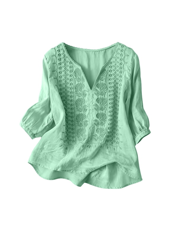 embroidered shirts Vintage Vacation Tees Shirt V Neck Shirts Peasant Blouses for Women Button Down Floral Shirts Boho Peasant Shirts Button Down V Neck Breathable Embroidered Green XL