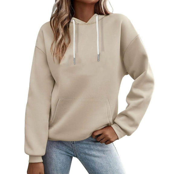 TRUBKH hoodies for women Fleece Sweatshirts womens long sleeve tops comfrt hoodie pullover sweaters for women Autumn Solid Color Pocket Loose Casual Long Sleeved Hooded Sweatshirt Beige M