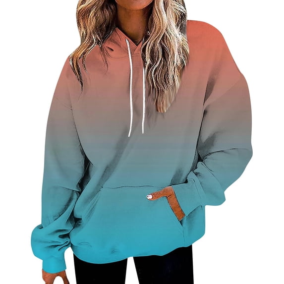 TRUBKH hoodies for women Fleece Sweatshirts womens long sleeve tops hoodie women pullover sweaters for women Sweatshirt With Gradient Letter Printed Pockets And Hooded Sweatshirt Blue M
