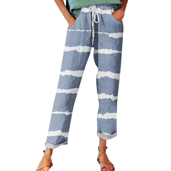 TRUBKH linen pants women drawstring pants women Floral Solid Long Palazzo Pants Fragrant Linen Linen Print Casual Pants Perfect Women's Pants Beach Pants for Women Light Blue 5XL
