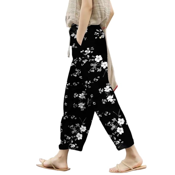 TRUBKH linen pants women flowy pants for women Floral Solid Long Palazzo Pants Elasticated Belt High Waisted Pocket Autumn Linen Print Pants Wide Leg Linen Pants for Women Yoga Pants Women Black 3XL