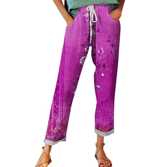 TRUBKH linen pants women lounge pants women Floral Solid Long Palazzo Pants Fragrant Linen Linen Print Casual Pants Perfect High Waisted Pants for Women Sweatpants Women Dark Purple M