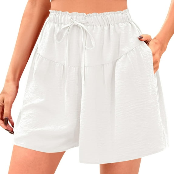 TRUBKH shorts for women athletic shorts for women linen shorts womens shorts casual bermuda shorts for women Shorts Summer Drawstring Ruffle Elastic High Waist Beach Shorts With Pockets White S