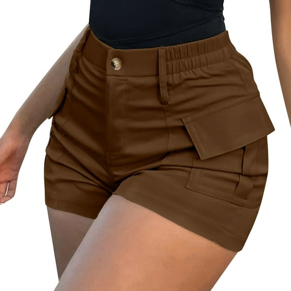 TRUBKH shorts for women athletic shorts for women linen shorts womens shorts casual bermuda shorts for women Women's High Waist Button Streetwear Cargo Shorts With Pockets Brown M