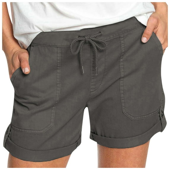 TRUBKH shorts for women cotton shorts for woman womens shorts casual legging shorts lounge shorts women Drawstring Color Waist Solid Elastic Shorts Pants Women Pocket Casual Pants Gray S