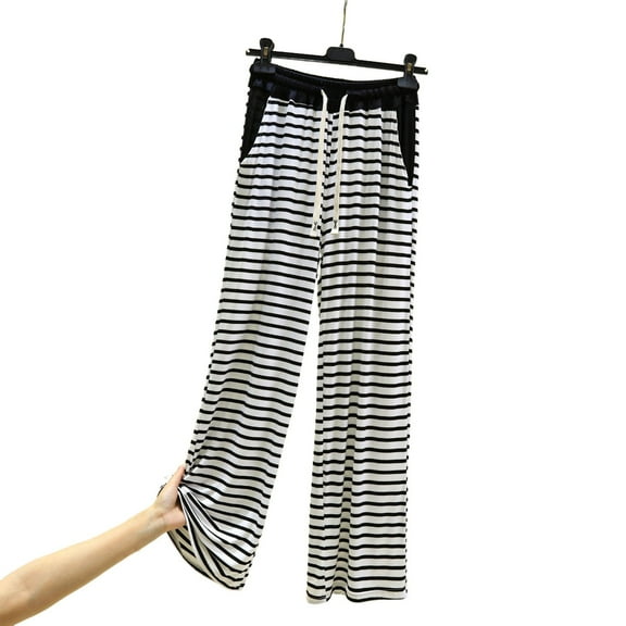 TRUBKH wide leg pants woman flowy pants for women women wide leg jeans plus size wide leg pants wide leg pants for women Striped Straight Leg Wide Leg Pants With A Drape Pockets White 2XL