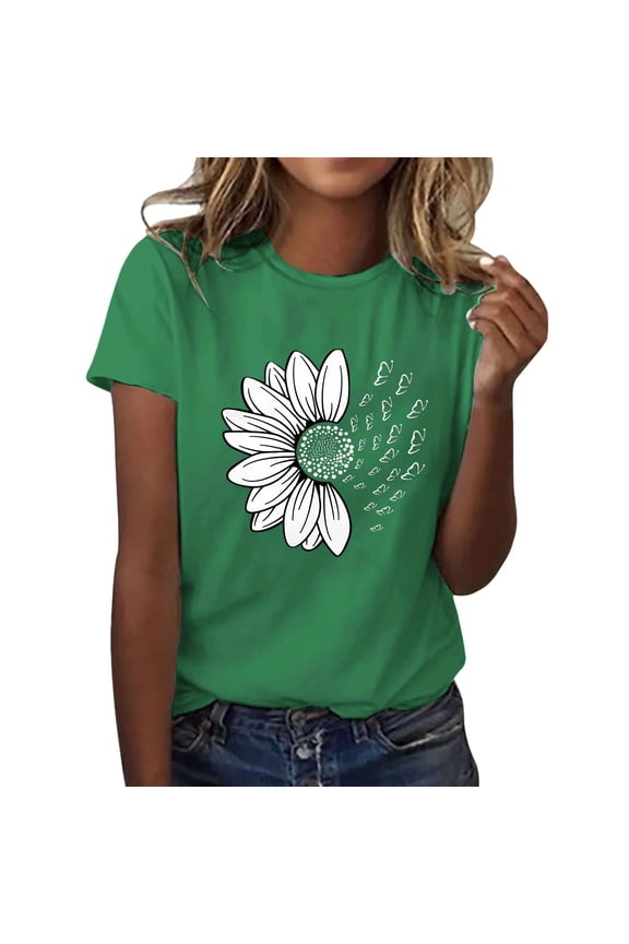 women's graphic tees Slim Cap flower graphic tees for women Stretchy Graphic Printed Tee cotton t-shirts Cute Summer Personalized Printed graphic tee statement prints women Everyday Green 5XL