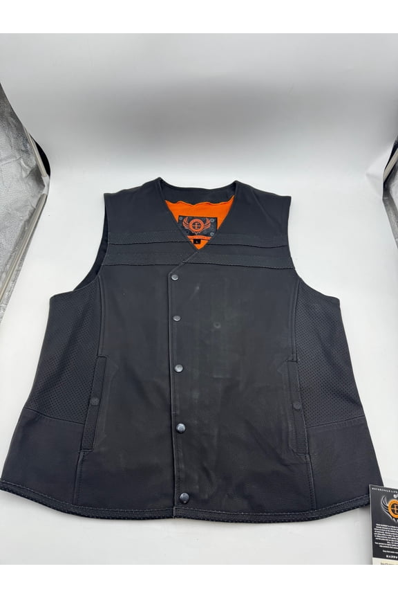 MENS STYLE LEATHER MOTORCYCLE VEST - SIZE: MEN L - BLACK