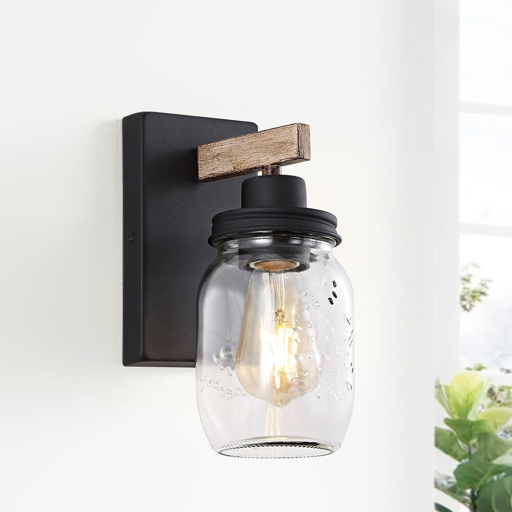 Black and Wood Rustic Farmhouse Mason Jar Wall Sconce