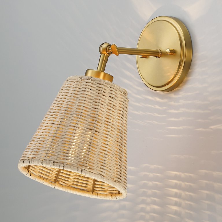 TRUE FINE 1-Light Brass Boho Natural Rattan Hardwired Wall Sconce with  Adjustable Swivel Swing Arm - 7.1 in. W