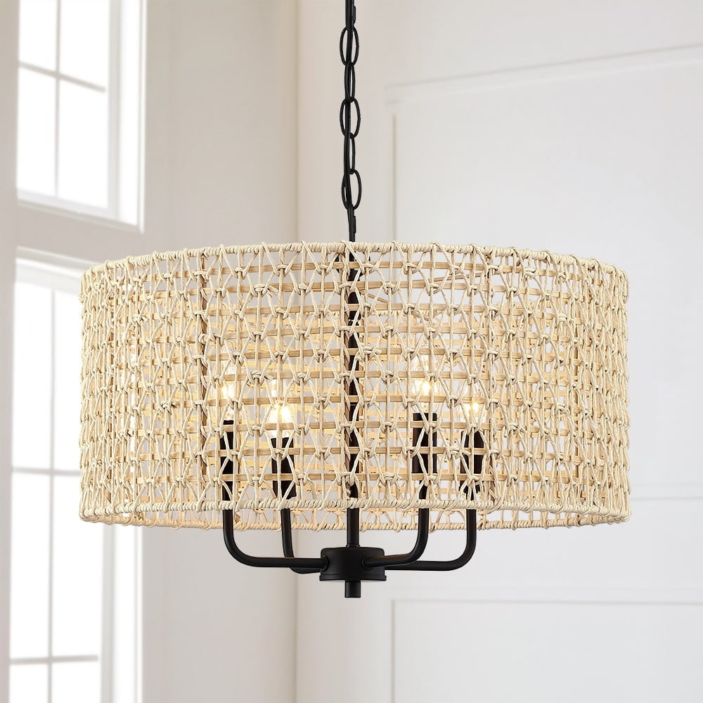 Hand-Woven Rattan Drum Chandelier with Black Iron Frame