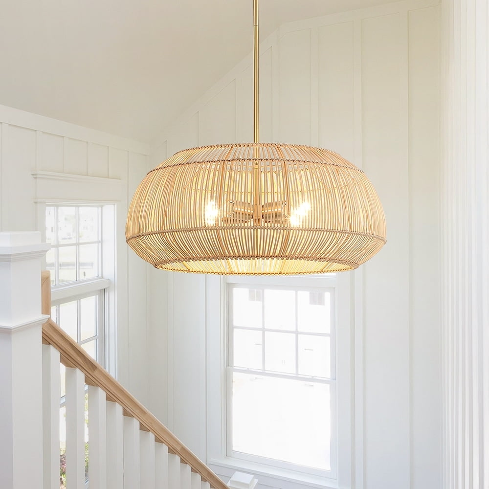 Coastal 22" Brass and Rattan Pendant Chandelier