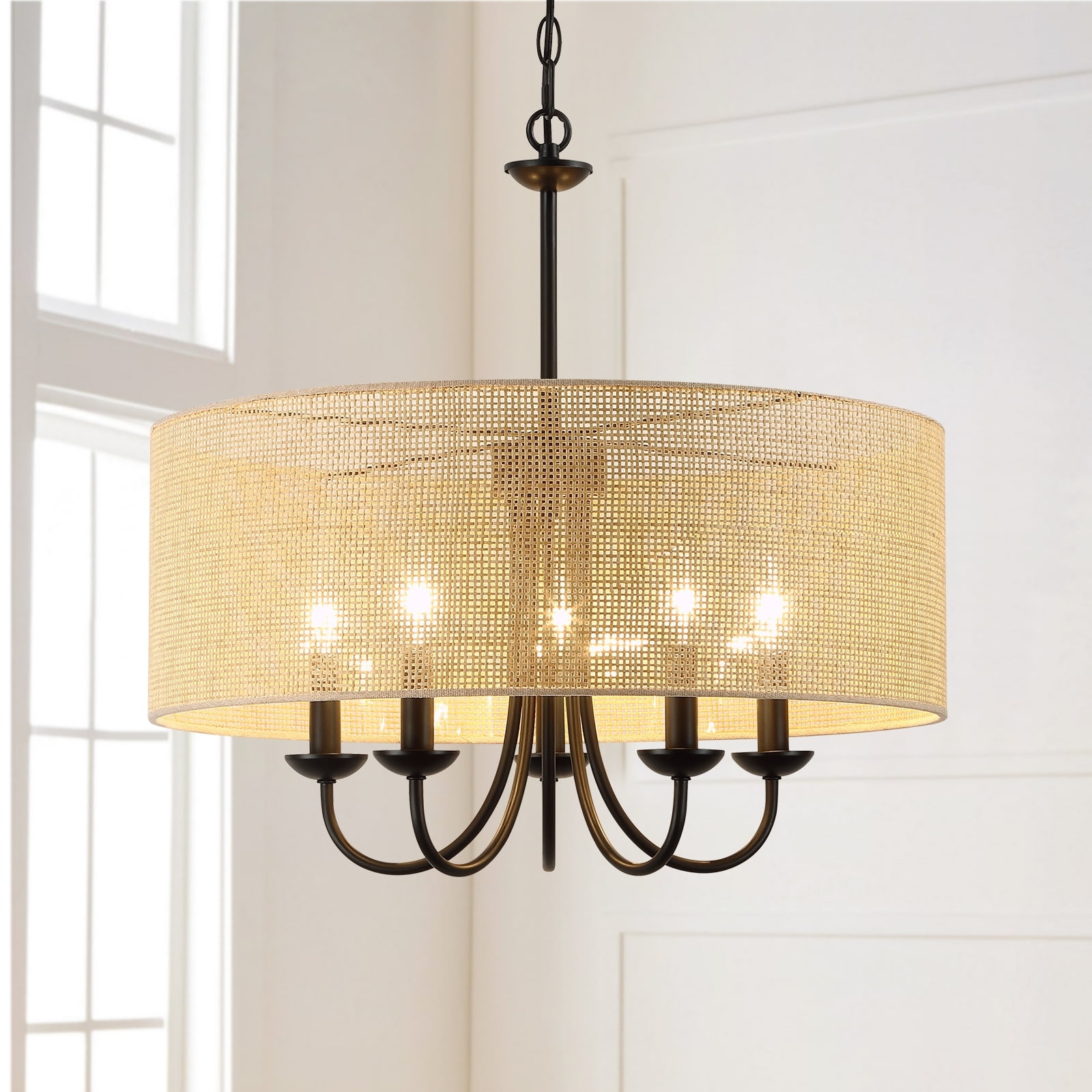 Bayou 5-Light Black and Cane Drum Chandelier