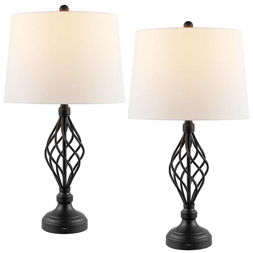 28 in. Bronze Table Lamps Set with White Linen Shade and USB Ports